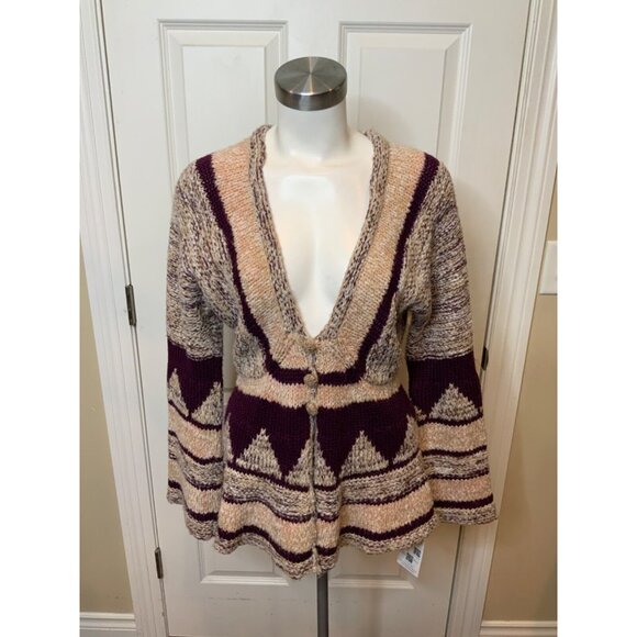 Free People Sweaters - Free People Purple Tan Geometric Knit Cardigan, Size S